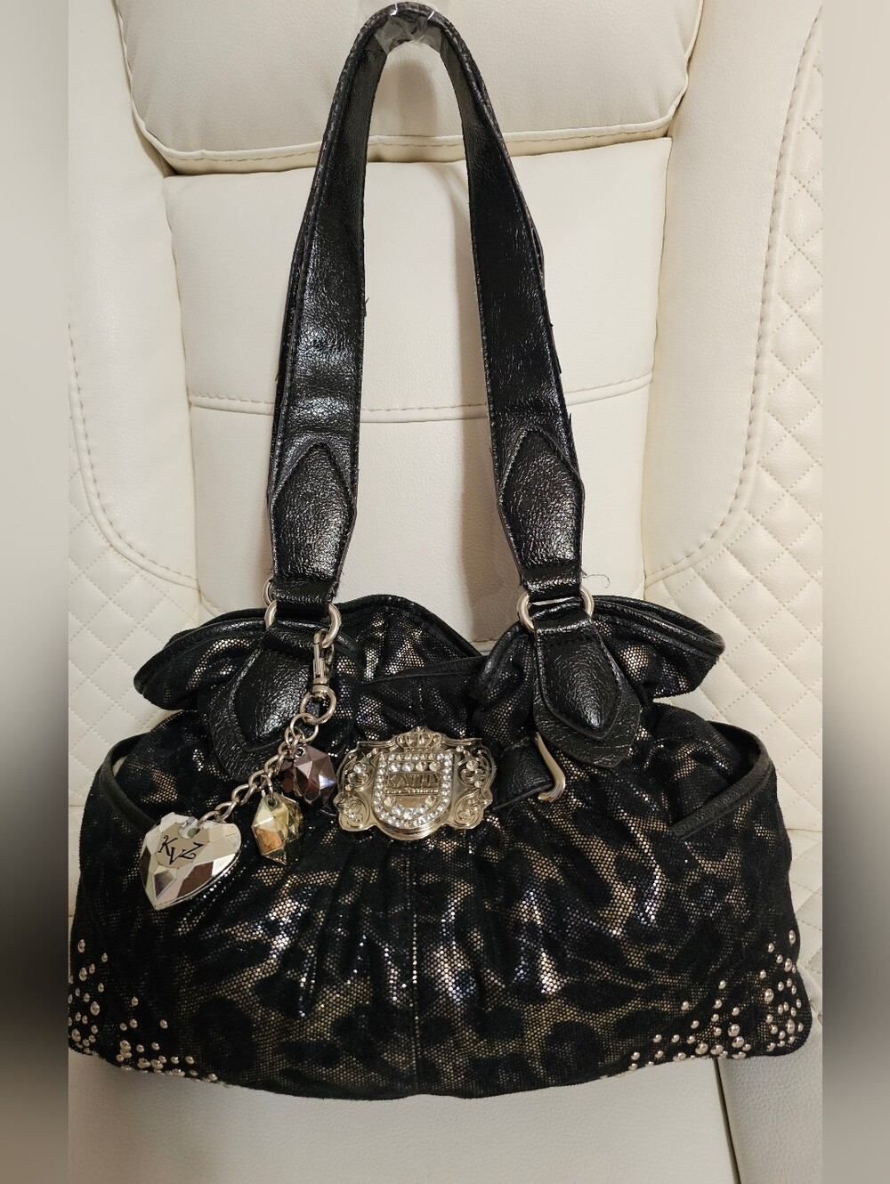 Kathy Van Zeeland Black Embellished Shoulder Bag with Charm Accent